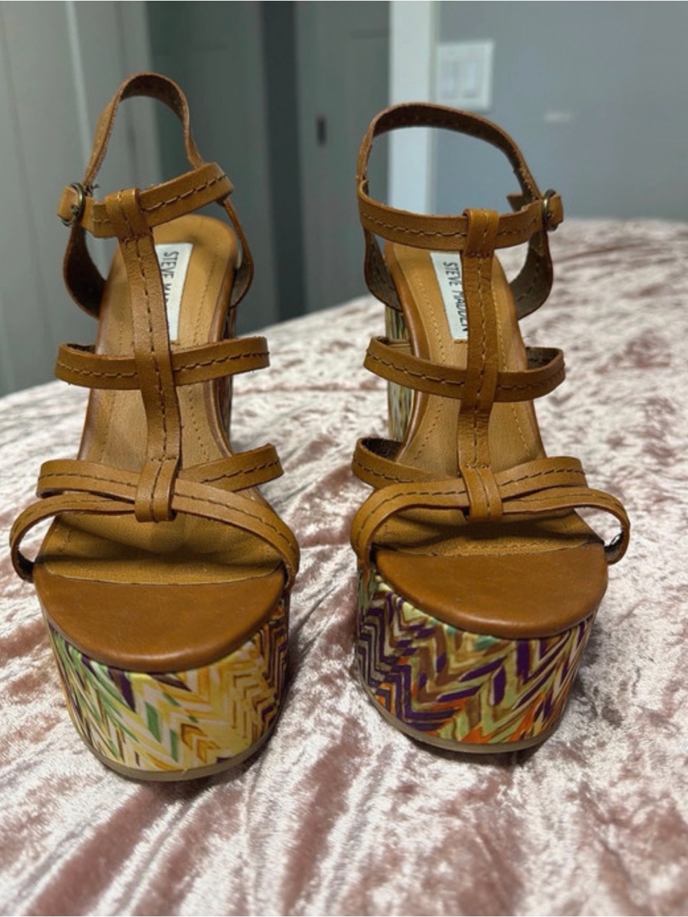 Steve Madden Tan Strappy Platform Wedges with Multicolor Patterned Platform